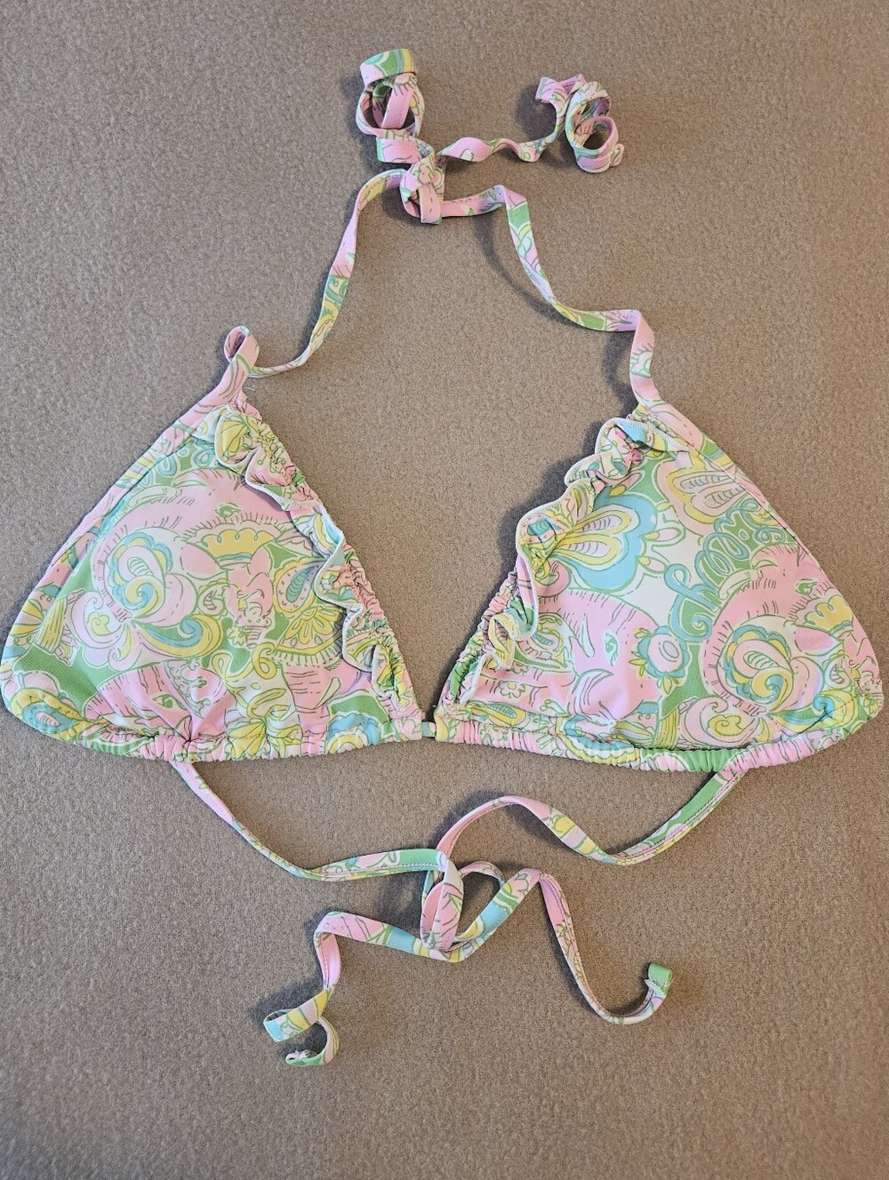 Lilly Pulitzer Ruffled Trim Triangle Halter Bikini Top In "Chin Chin" Print, M
